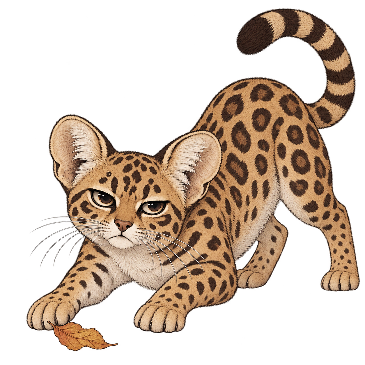 Cayo crouching playfully toward a fallen leaf
